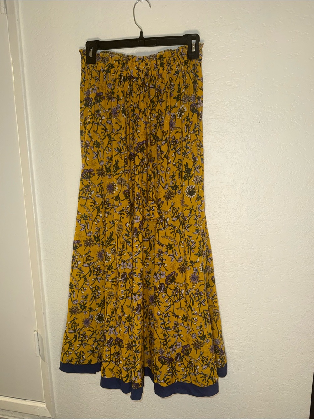 Ina Mustard Yellow Floral Print Maxi Skirt with Navy Hem